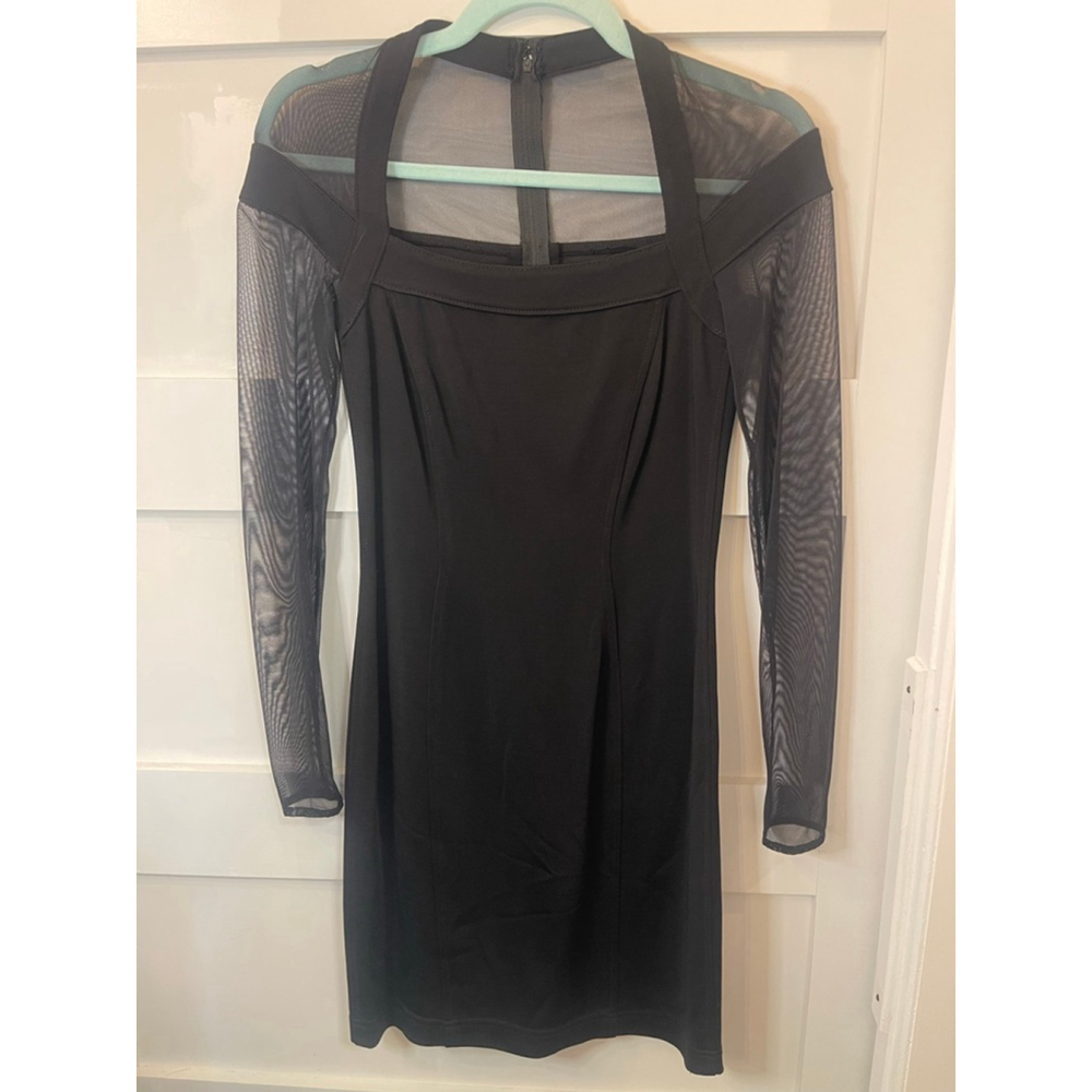Vintage Cache Black Mesh Illusion Bodycon Dress Long Sleeve Size XS 90s